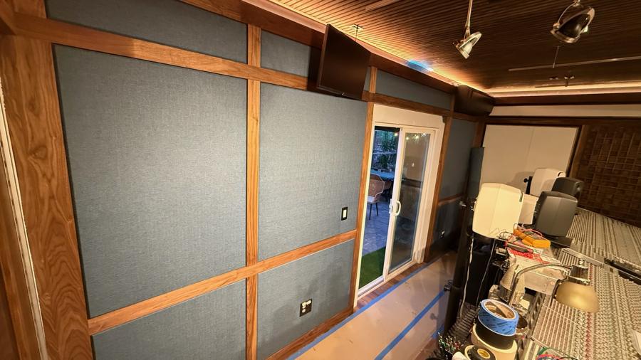 Fabric panels in walnut frames
